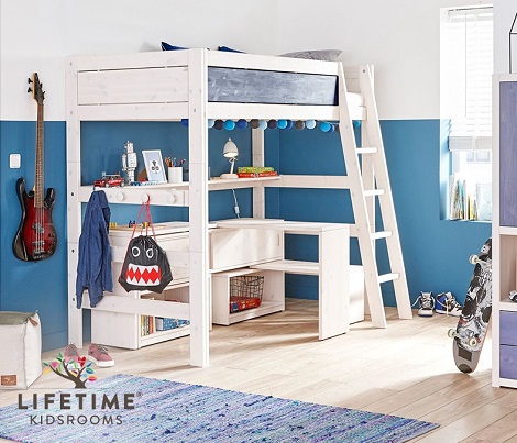 Lifetime kidsroom,hoogslaper,bed,bureau,tafel,kast,schuine trap,white wash,bleu beits